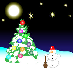  New Year's landscape.2022. Christmas tree and snowman in the forest in the snow. Moon and stars.