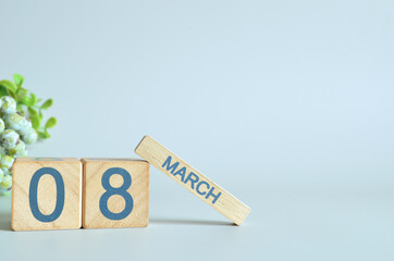 March 8, Calendar cover design with number cube with green fruit on blue background.