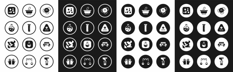 Set Molecule, Test tube and flask, Chemical formula, Triangle warning toxic, Mortar pestle, Electronic scales and Gaseous icon. Vector