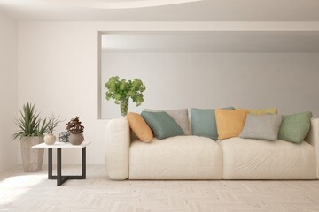 White living room with sofa. Scandinavian interior design. 3D illustration