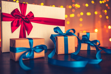 gift box, present on the table and light of bokeh background. Valentine's Day, Christmas, Birth...
