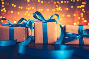 gift box, present on the table and light of bokeh background. Valentine's Day, Christmas, Birth...