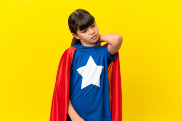 Little super hero kid isolated on purple background with neckache