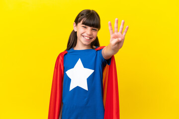 Little super hero kid isolated on purple background happy and counting four with fingers