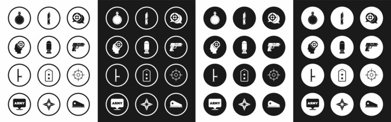 Set Target sport, Aviation bomb, Canteen water bottle, Pistol gun, Military knife, and Police rubber baton icon. Vector