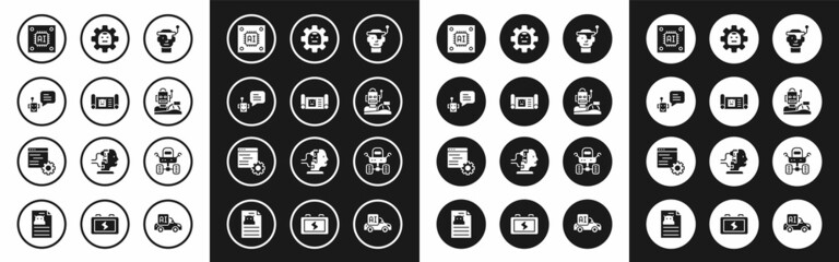 Set Smart glasses, Robot blueprint, Bot, Processor with microcircuits CPU, humanoid driving car, Mars rover and Computer api interface icon. Vector