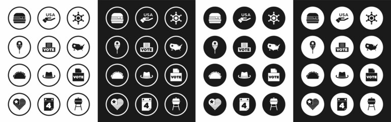 Set Hexagram sheriff, Vote box, Balloons, Burger, USA map, Independence day, and Taco with tortilla icon. Vector