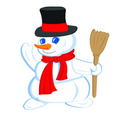 Snowman with hat and scarf isolated on white background. Graphic resource about winter and christmas for content , banner, sticker label and greeting card. Vector illustration