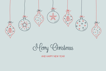 Christmas card with hanging baubles with decorations. Vector