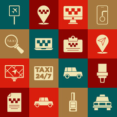 Set Taxi car, Safety belt, Location, Computer call taxi service, Laptop, Magnifying glass and, Airport and driver license icon. Vector