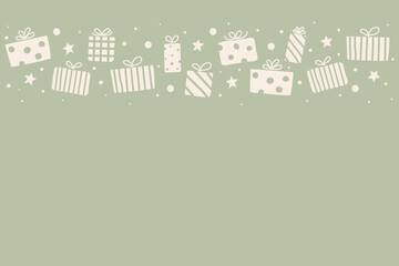 Christmas background with hand drawn gift boxes and copyspace. Vector