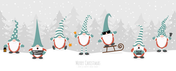 christmas gnomes with winter firs background