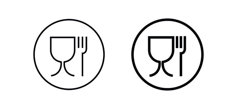 A set of glass and fork icons, in a circle. A pictogram indicating that the packaging is approved for food products. International emblem used for the labeling of food contact materials in the EU.