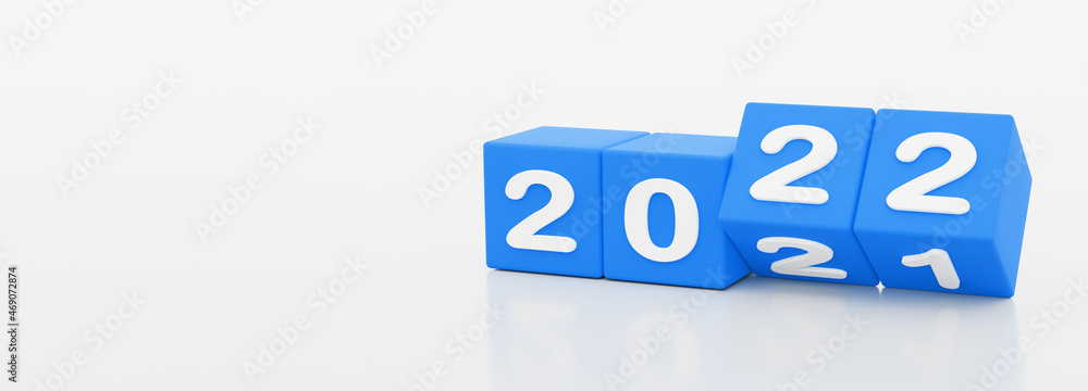 Poster 2022 new year, happy new year 2022, 3d illustration of 2022 blue dices turning year from 2021 to 202