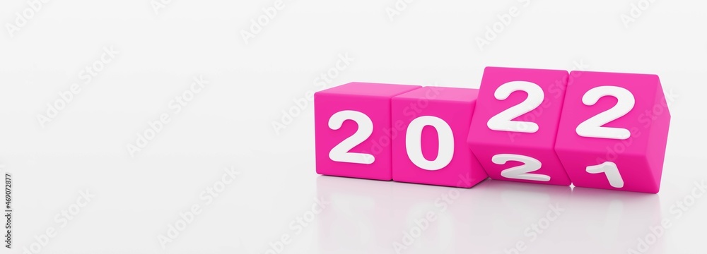 Poster 2022 new year, happy new year 2022, 3d illustration of 2022 purple dices turning year from 2021 to 2
