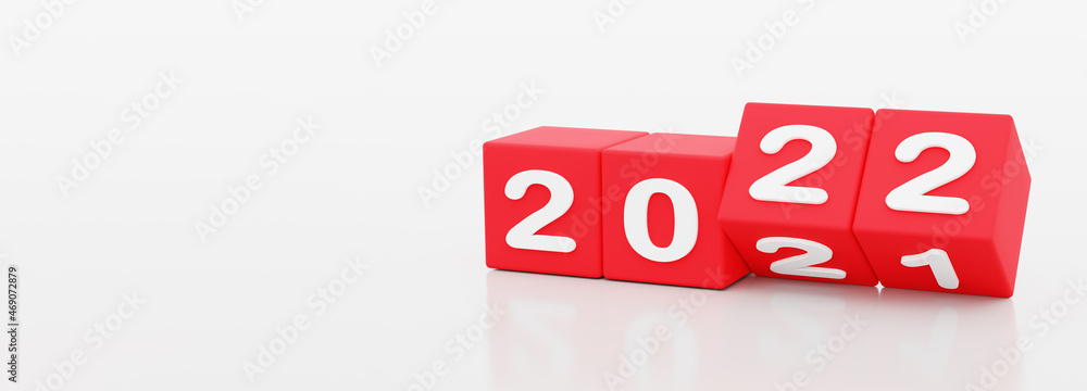 Poster 2022 new year, happy new year 2022, 3d illustration of 2022 red dices turning year from 2021 to 2022