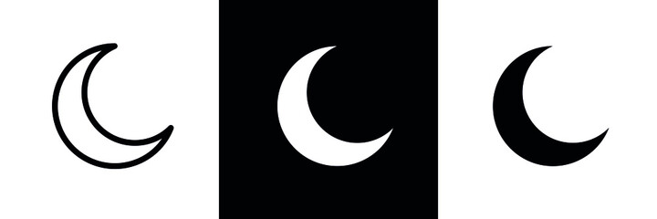 Moon icons set. Crescent silhouette, black vector symbol. Isolated pictogram on white background.