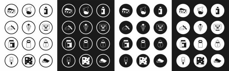 Set Whipped cream in bottle, Ice waffle cone, Butter butter dish, Cheese, Cow head, Milk jug or pitcher, Baby milk and Paper package for icon. Vector