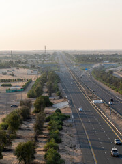 Aerial view of busy motorway leading to Dubai, United Arab Emirates