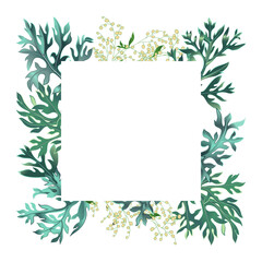 Floral banner square frame with wormwood leaves and flowers on white background.