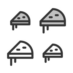 Pixel-perfect linear icon of a piece of pizza built on two base grids of 32 x 32 and 24 x 24 pixels. The initial base line weight is 2 pixels. In two-color and one-color versions. Editable strokes