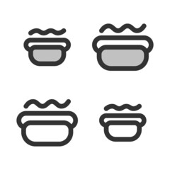 Pixel-perfect linear icon of hot dog built on two base grids of 32x32 and 24x24 pixels for easy scaling. The initial base line weight is 2 pixels. In two-color and one-color versions. Editable strokes