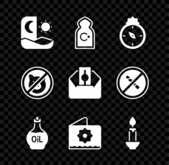 Set Ramadan fasting, Muslim Mosque, Qibla, Essential oil bottle, Octagonal star, Burning candle, No pig and Donate or pay your zakat icon. Vector