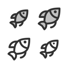 Pixel-perfect linear icon of a fish built on two base grids of 32x32 and 24x24 pixels for easy scaling. The initial base line weight is 2 pixels. In two-color and one-color versions. Editable strokes