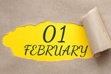 february 01. 01th day of the month, calendar date.Hole in paper with edges torn off. Yellow background is visible through ragged hole.Winter month, day of the year concept