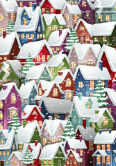 Winter city with many colorful snow-covered houses. Festive Christmas background. Vector illustration. 