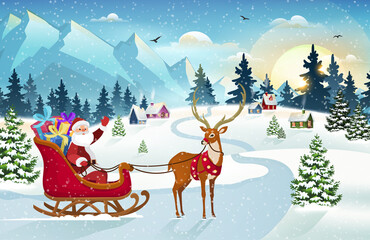 Santa and Reindeer on Christmas Background. Winter Christmas scene with snow covered houses, mountain and pine forest.  Holiday Vector Background