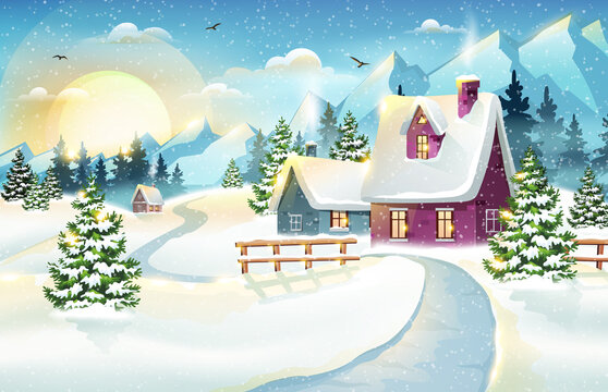 Morning village winter landscape with snow covered houses and mountains. Christmas holidays vector illustration