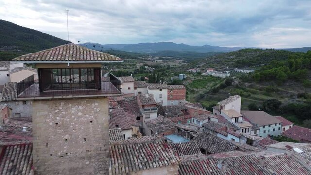Drone flight view over Old Tower Jail in Fuentespalda village in Matarra&ntilde;aa region in Spain. 