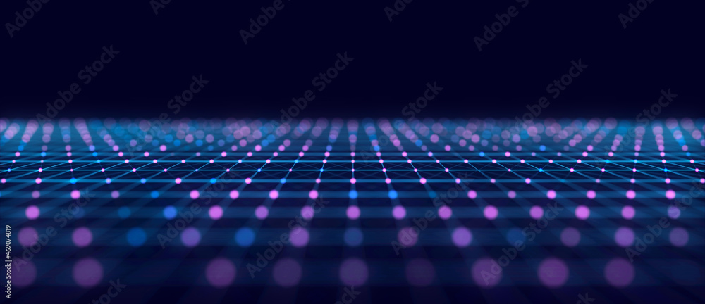 Aufkleber abstract perspective grid. digital retro background. wireframe cyber landscape on blue background. 3
