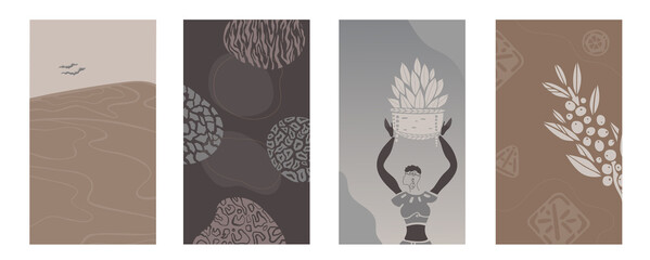 african background.Vector Set of abstract posters with afro woman in minimalistic style. Potter school and jugs, plants, abstract shapes coffee and landscape.Collection of contemporary art.tribal boho