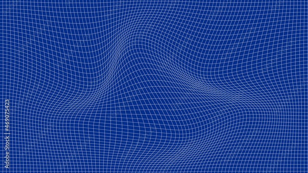 Poster perspective distorted blue grid. digital background with wireframe wave. vector curve surface.