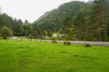 Preciosa y verde pradera rodeada de bosques y montañas en el Valle de Hecho, en el Pirineo Aragonés, Huesca, España.