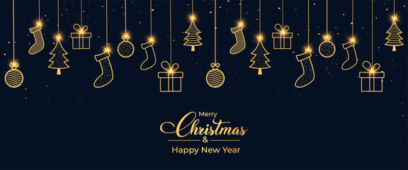 Christmas banner design with elegant background and Christmas ornaments. Christmas dark background. Xmas Glossy socks and ball icon with golden calligraphy. Golden confetti background element. © Iftikhar alam