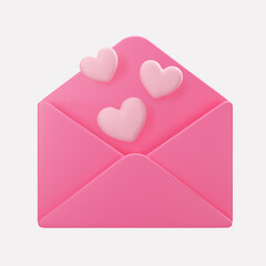 3d open pink mail envelope icon with flying hearts isolated on grey background. Render giving love email for Mother and Valentines Day greetings. 3d realistic vector