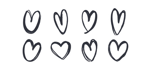 Hand drawn hearts. Set of heart illustrations. Doodle love sketched symbols.
