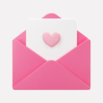 3d Open Pink Mail Envelope Icon With Flying Hearts Isolated On Grey Background. Render Giving Love Email For Mother And Valentines Day Greetings. 3d Realistic Vector