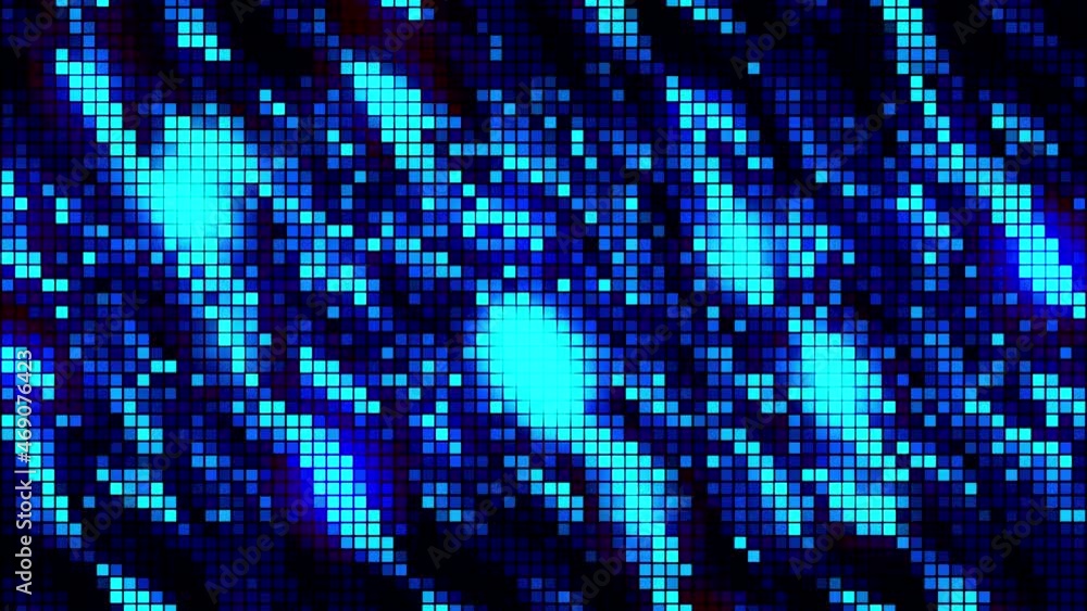 Poster mosaic or pixelated background with blue flashing particles. motion. abstract imitation of flowing w