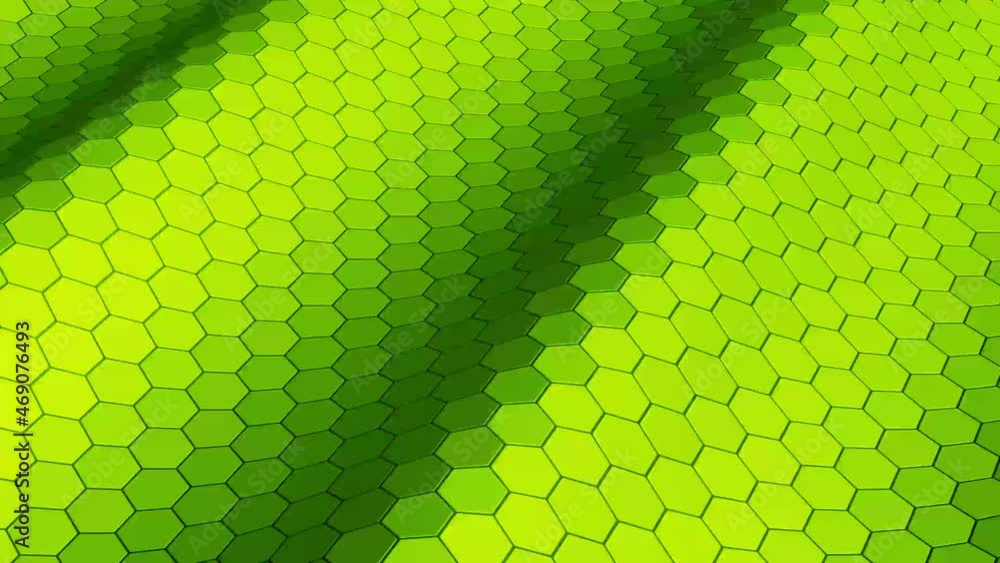 Poster 3d abstract hexagon geometric green pattern loop, honeycomb skin background animation, random waving