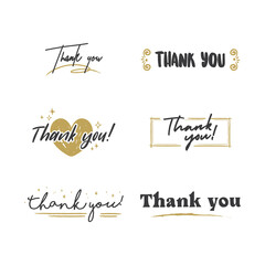 Thank You lettering compositions written with decorative calligraphic font. Bundle of gratitude phrase decorated with cute elements. Hand drawn thanks vector quotes.