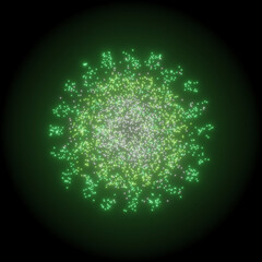 Green firework explosion, glowing round particles with bloom on pitch black background