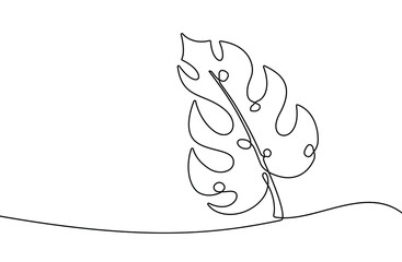 Monstera leaf line background. One line drawing background. Continuous line drawing of monstera leaf. Vector illustration.