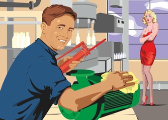 Pop art retro poster of worker and a lady in red