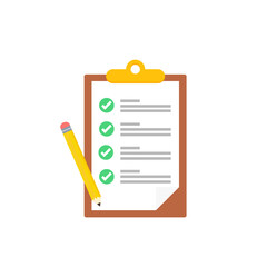 Clipboard with checklists, questionnaires, feedback, assessments and pencil icons in a simple design.