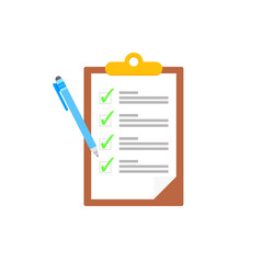 Clipboard with checklists, questionnaires, feedback, assessments and pencil icons in a simple design.