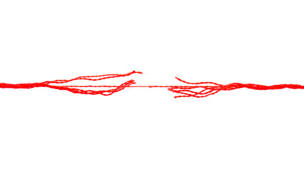 Long red thread on the verge of breaking, isolated on white background. Break the tough red rope. Rope under pressure on a white background. Red thread isolated on white background.